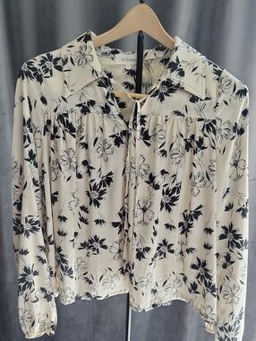 bohme Cream and Black Floral Tie-Neck Blouse